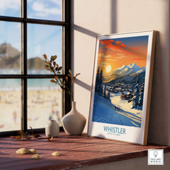 Whistler Wall Art Ski Poster displayed indoors, showcasing a beautiful ski landscape at sunset.
