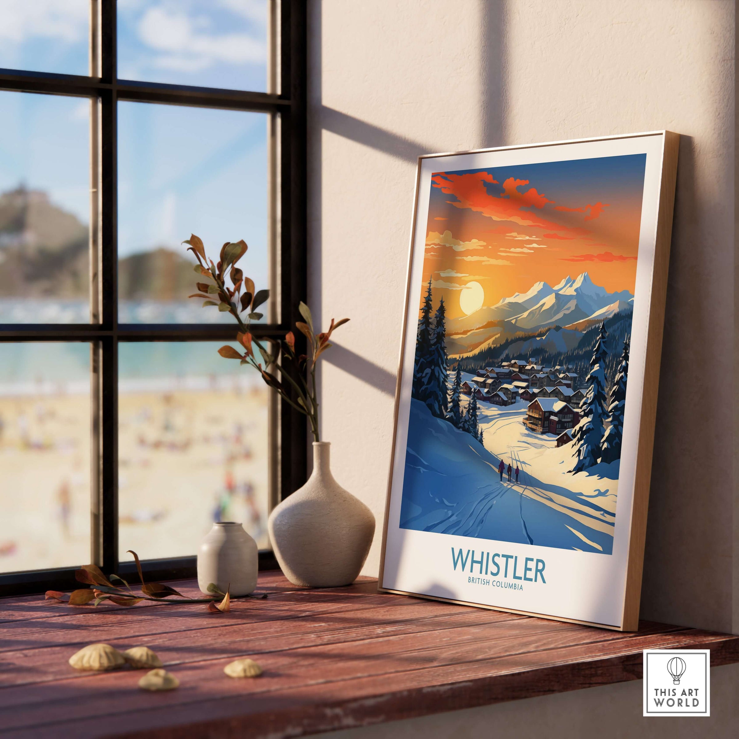 Whistler Wall Art Ski Poster displayed indoors, showcasing a beautiful ski landscape at sunset.