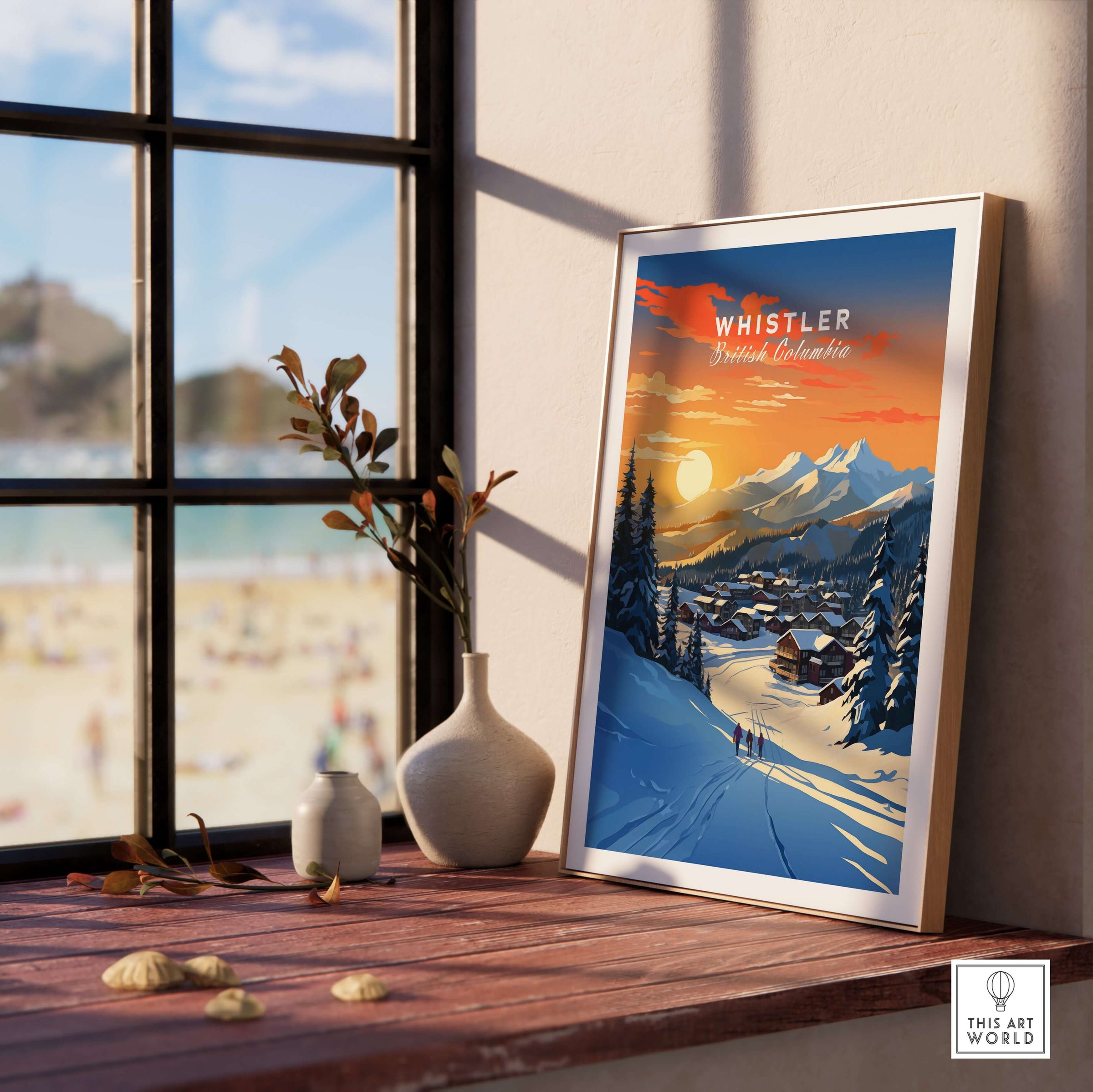 Whistler Wall Art Ski Print showcasing a vibrant sunset over ski slopes, perfect for home or office decor.