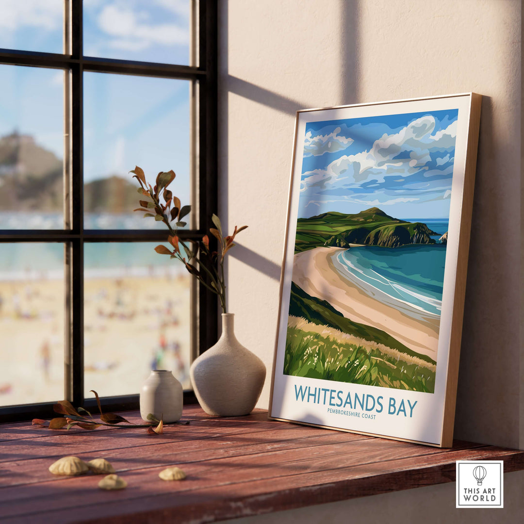 Whitesands Bay St David's Peninsula print displayed on a wooden ledge with beach view, perfect for coastal decor.