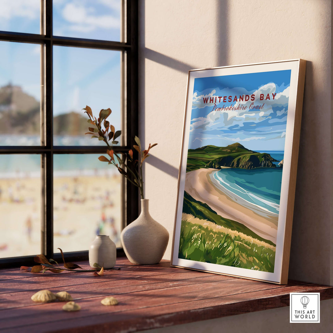 Whitesands Bay Coastal View Poster showcasing Pembrokeshire Coast National Park, framed on a windowsill with beach view.