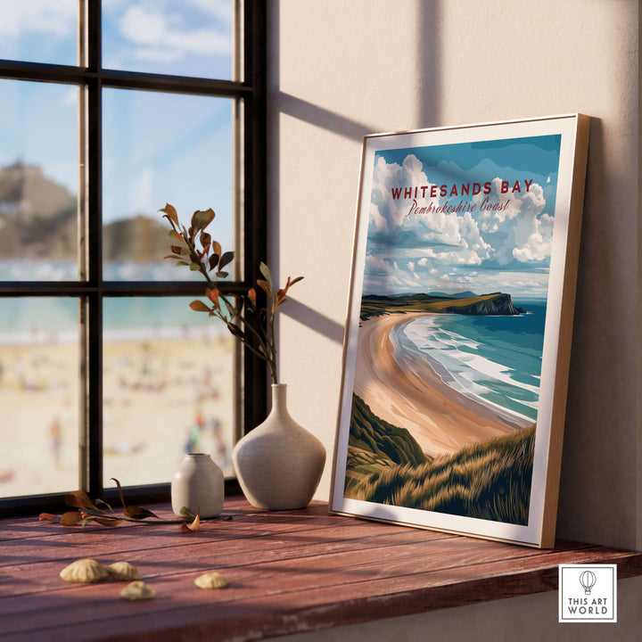Whitesands Bay Pembrokeshire seaside print on a wooden table by a window, showcasing sandy shore and coastal scenery.
