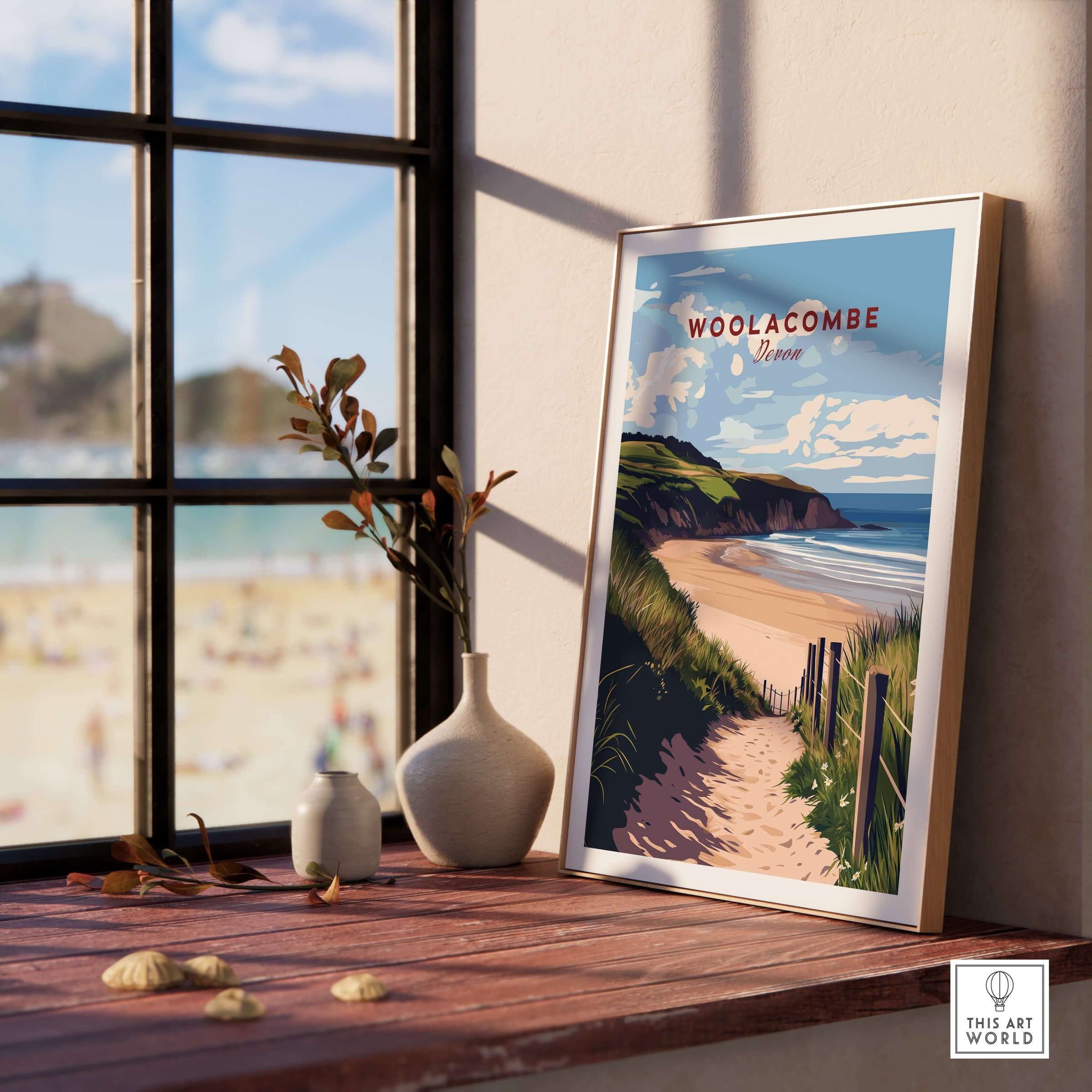 Woolacombe Beach Path Print - Coastal Devon Wall Art displayed in a stylish interior setting with natural light.