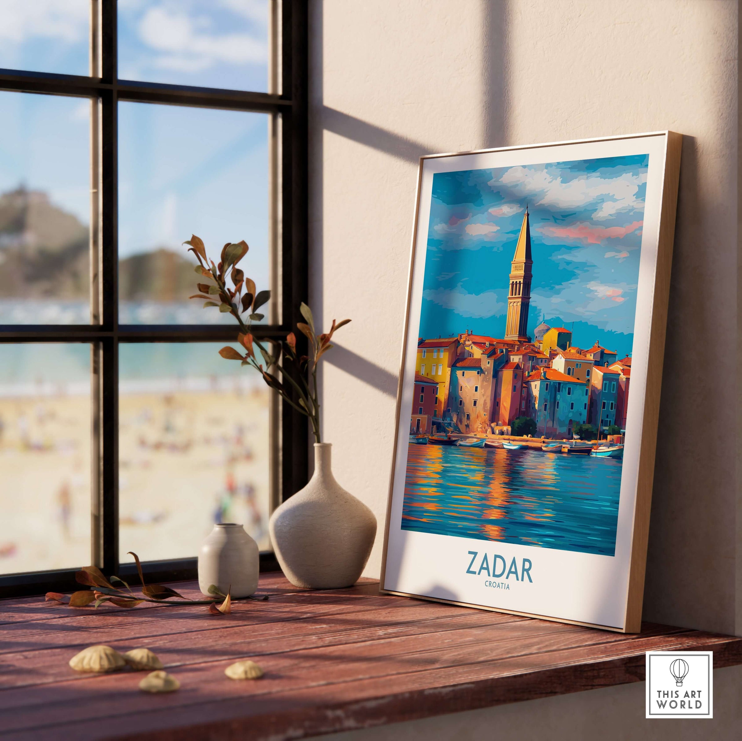 Zadar Croatia Art Print | Colorful Seaside Town Poster displayed in a sunny room with a view of the beach.