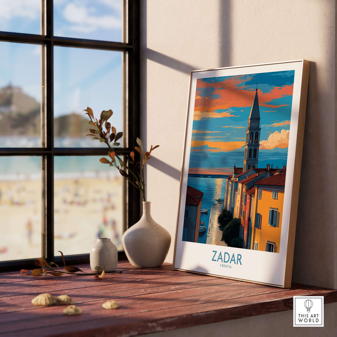 Zadar Croatia Sunset Bell Tower Art Print | Old Town Seascape Poster displayed indoors by a window.