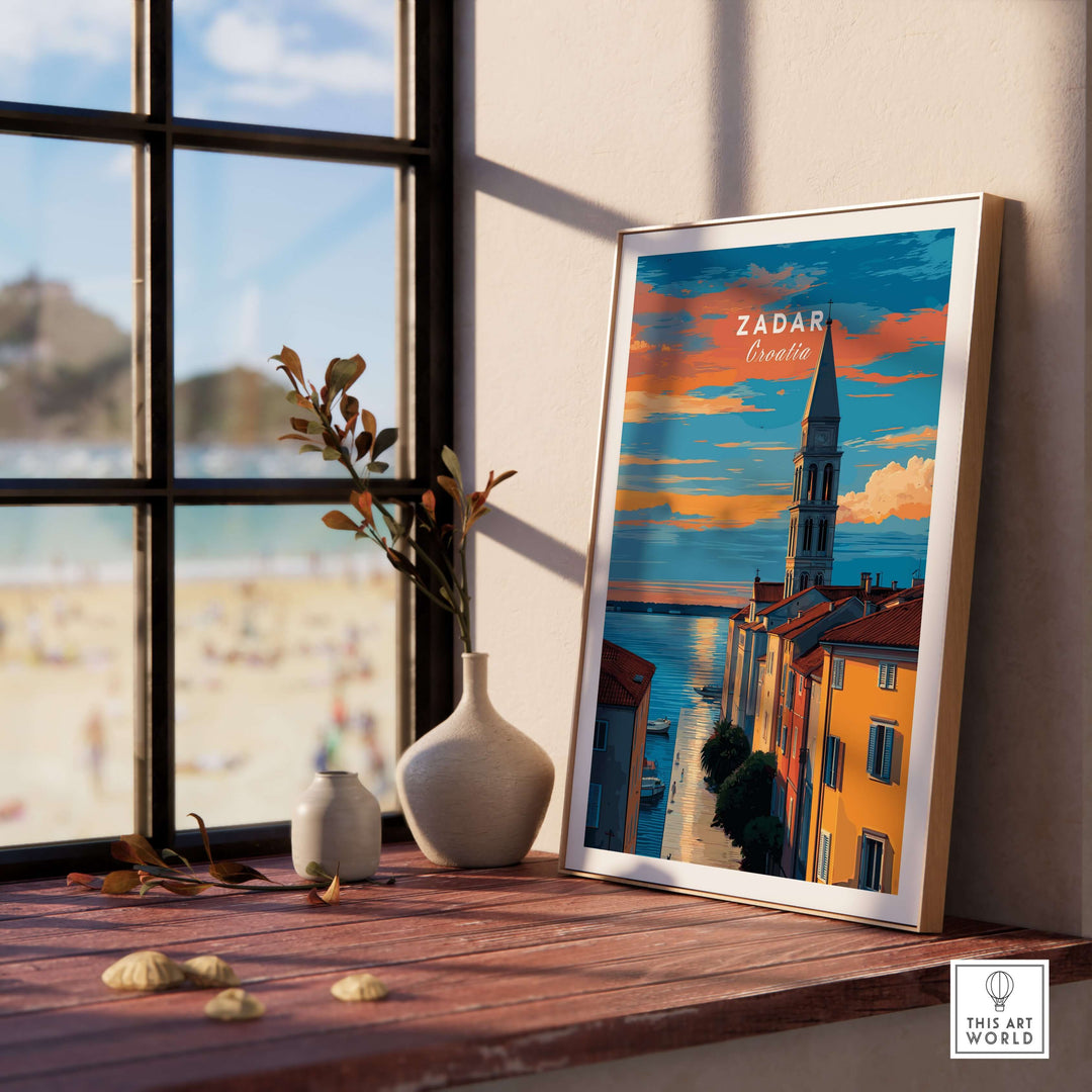 Zadar Poster - Dalmatian Coast Twilight View Print | Croatian Home Decor displayed in a bright window setting.
