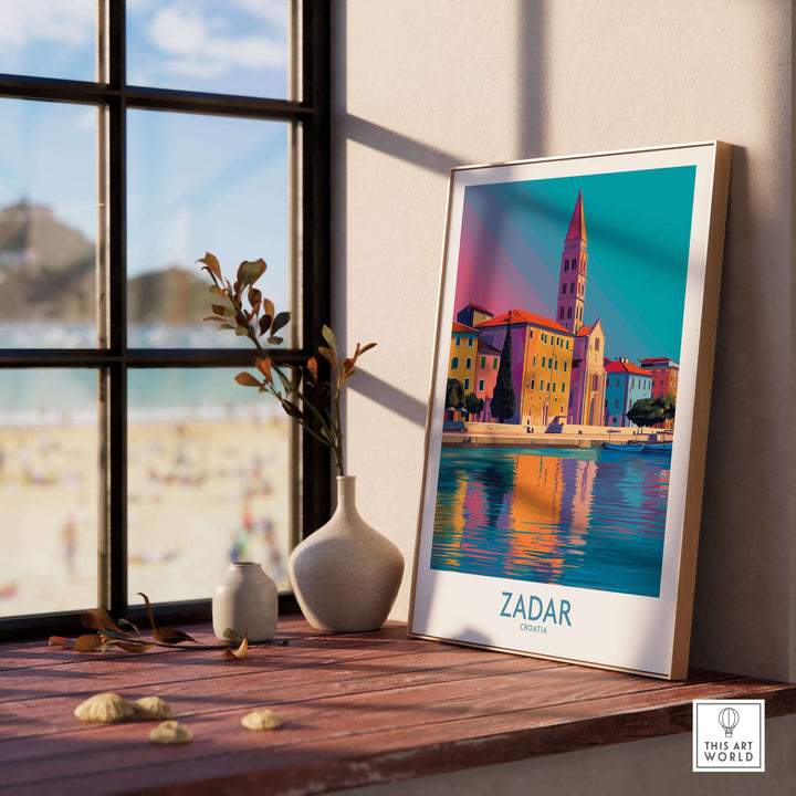 Zadar Croatia Art Print showcasing vibrant coastal cityscape and Mediterranean flair in a stylish interior setting.