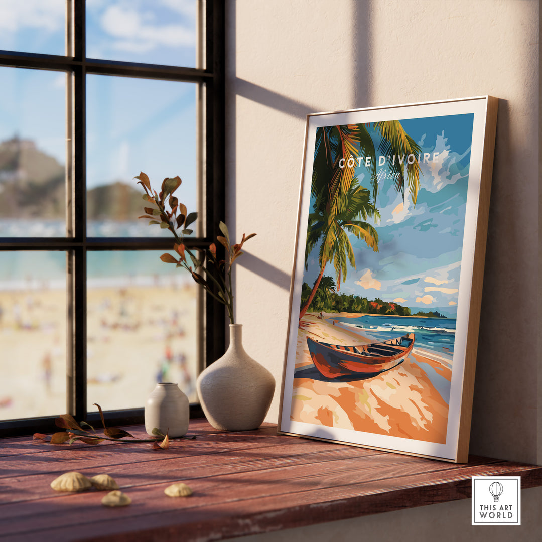 Côte d'Ivoire Beach Wall Art displayed in a serene interior, showcasing vibrant coastal scenery and palm trees.