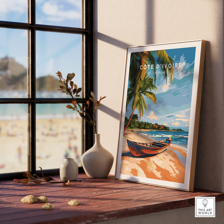 Côte d'Ivoire Beach Wall Art displayed in a serene interior, showcasing vibrant coastal scenery and palm trees.