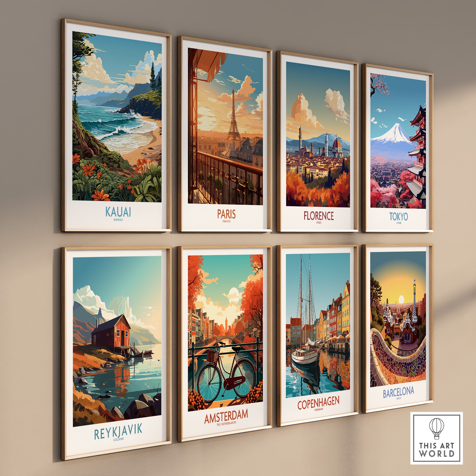 Collection of travel posters including Kauai, Paris, Florence, Tokyo, Reykjavik, Amsterdam, Copenhagen, Barcelona