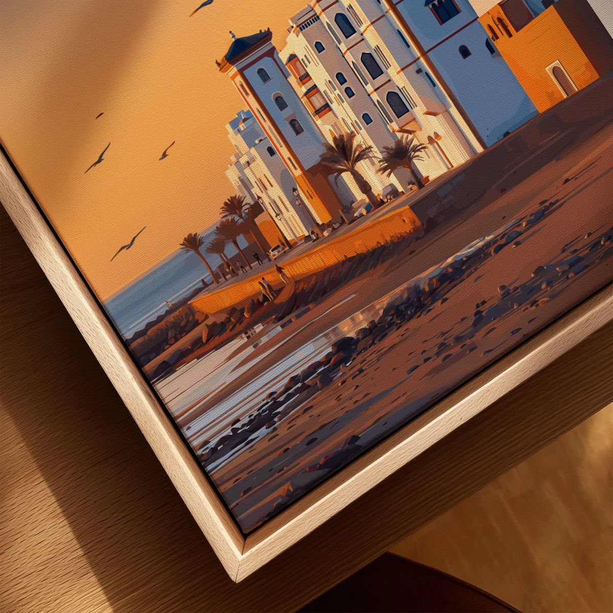 Agadir Travel Poster – Morocco Beach Print canvas print close-up showing the natural wood float frame edge and canvas texture