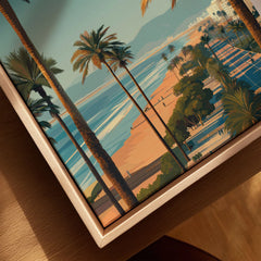 Agadir Travel Poster Print Morocco - Palm Trees canvas print close-up showing the natural wood float frame edge and canvas texture