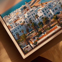 Agadir Travel Poster – City Skyline canvas print close-up showing the natural wood float frame edge and canvas texture