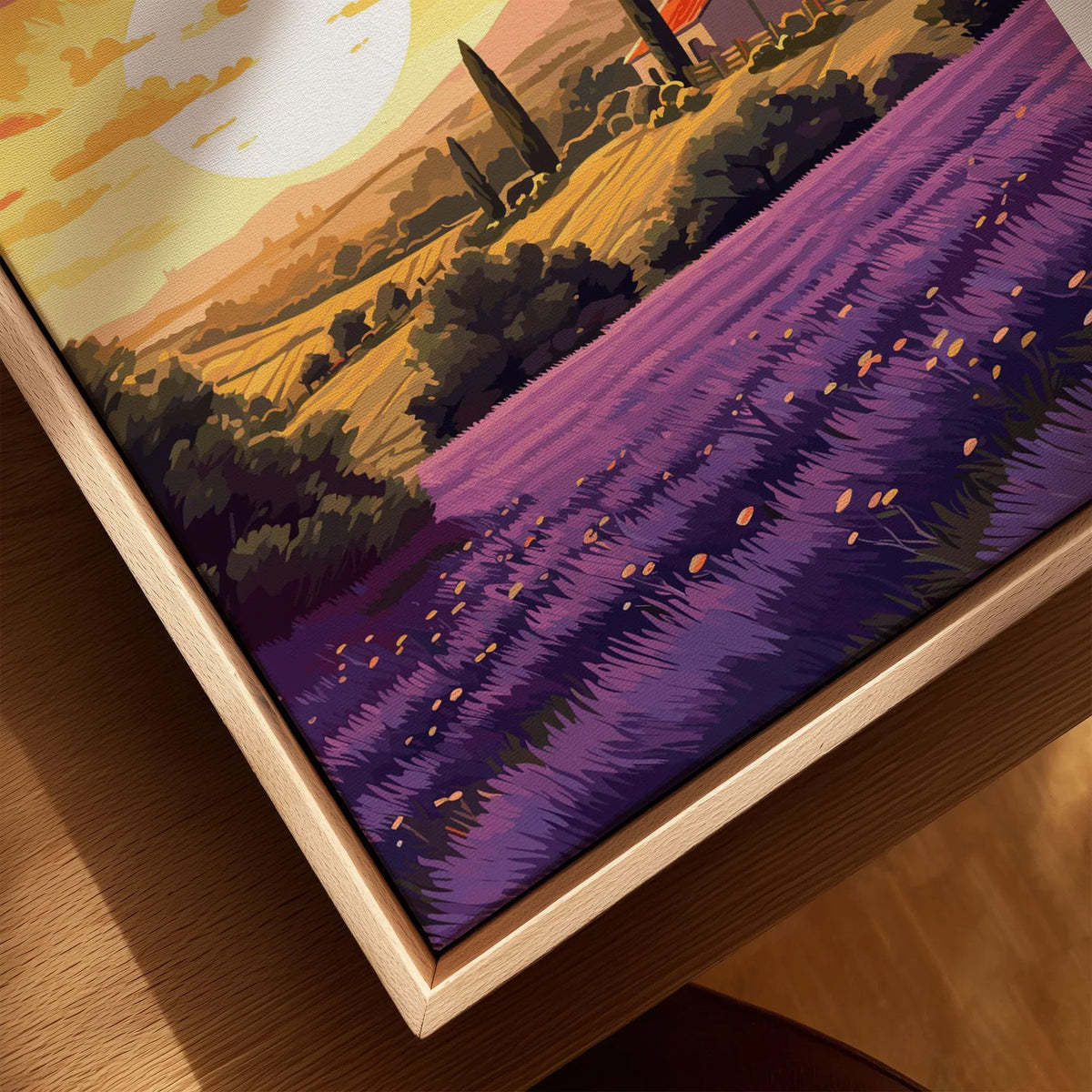 Aix-en-Provence Print canvas print close-up showing the natural wood float frame edge and canvas texture