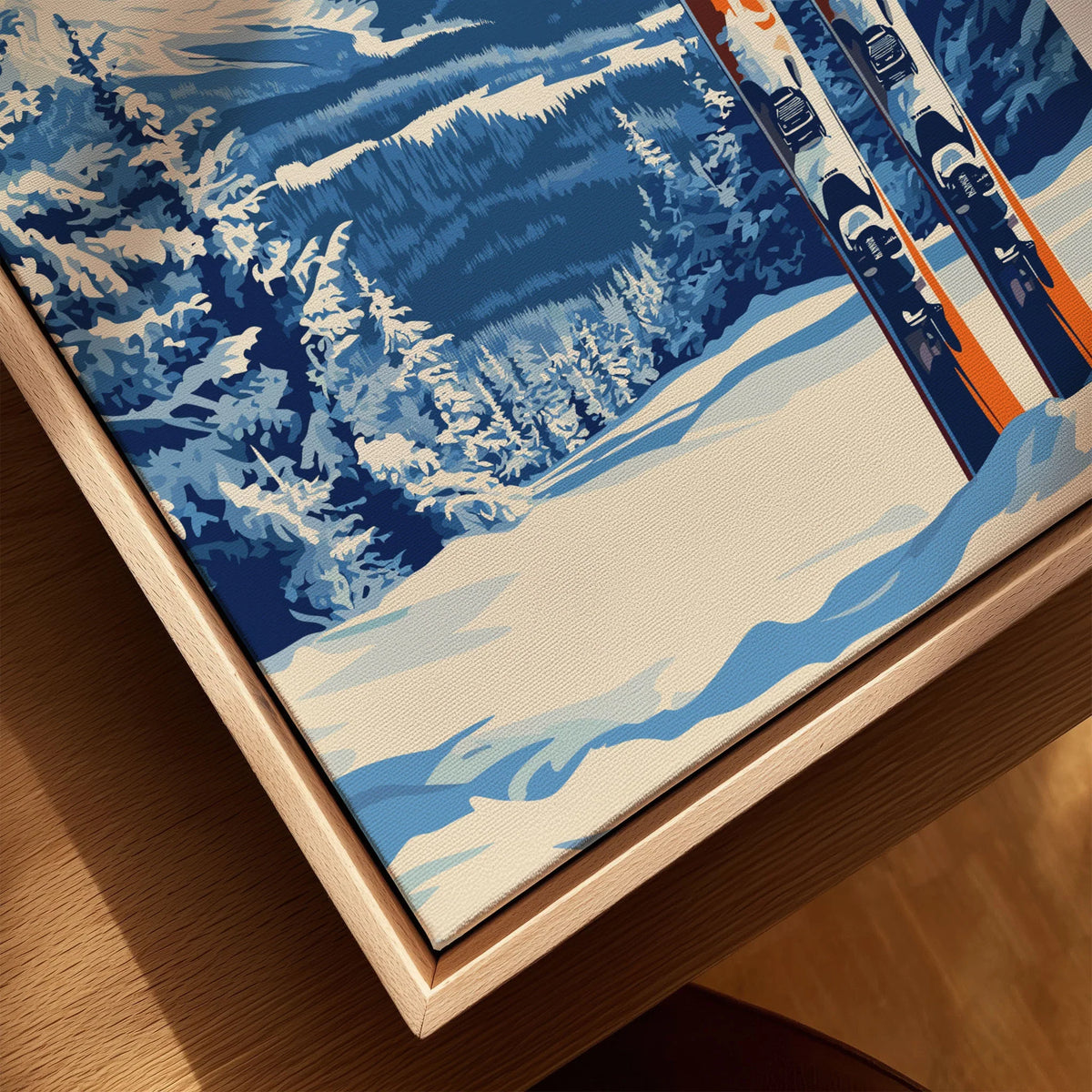 Beaver Creek Colorado Ski Poster - Rocky Mountain Winter Art Print canvas print close-up showing the natural wood float frame edge and canvas texture