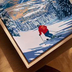 Beaver Creek Colorado Downhill Skier Poster - Winter Sports Wall Art canvas print close-up showing the natural wood float frame edge and canvas texture