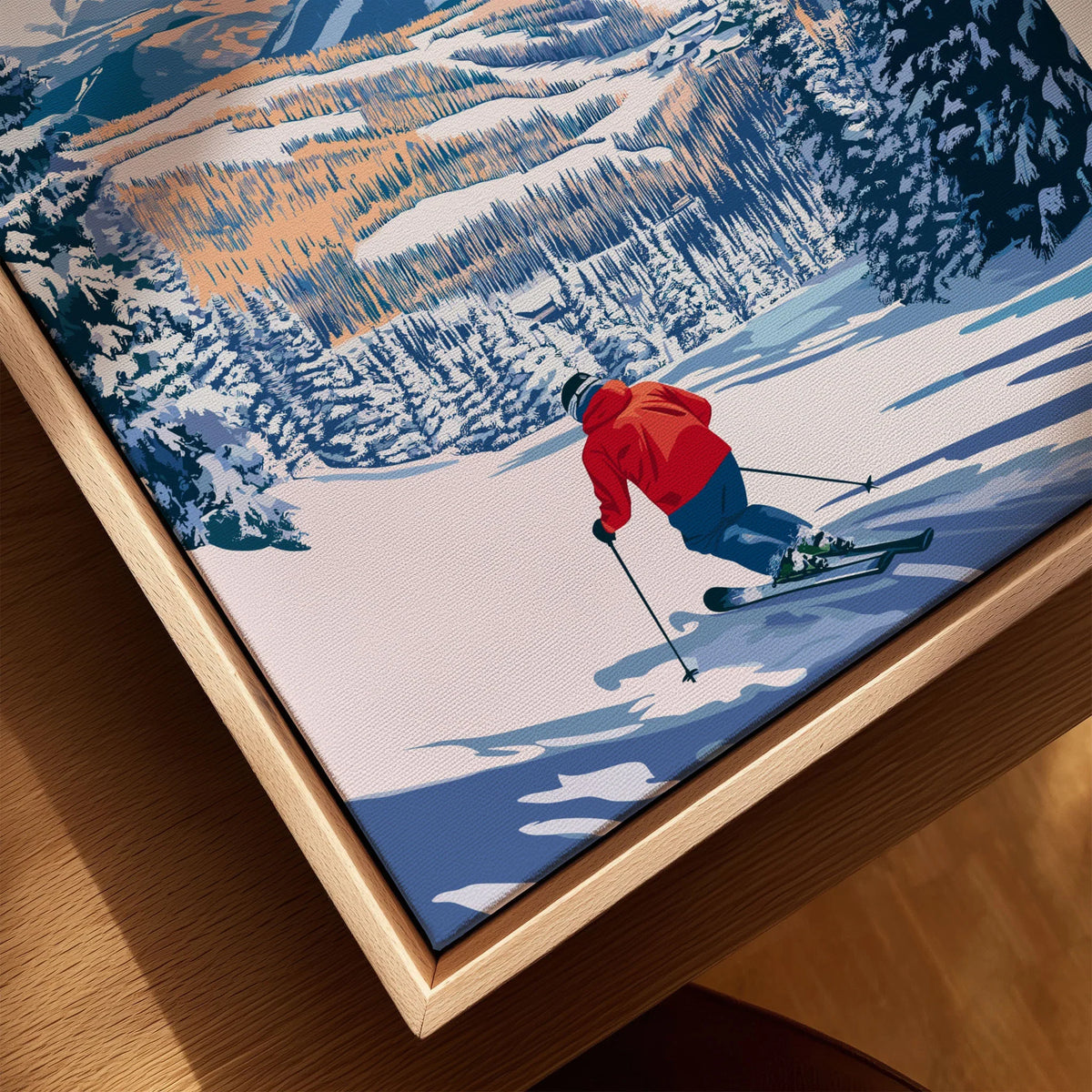 Beaver Creek Colorado Downhill Skier Poster - Winter Sports Wall Art canvas print close-up showing the natural wood float frame edge and canvas texture