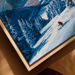 Beaver Creek Colorado Solo Skier Wall Art - Mountain Adventure Print canvas print close-up showing the natural wood float frame edge and canvas texture
