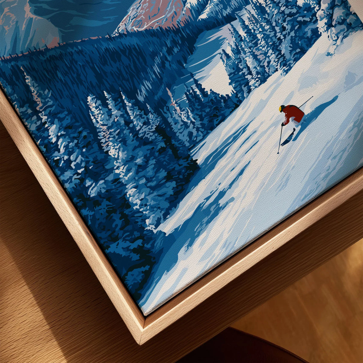 Beaver Creek Colorado Solo Skier Wall Art - Mountain Adventure Print canvas print close-up showing the natural wood float frame edge and canvas texture