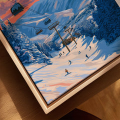 Beaver Creek Colorado Ski Lift Sunset Print - Mountain Gondola Wall Art canvas print close-up showing the natural wood float frame edge and canvas texture