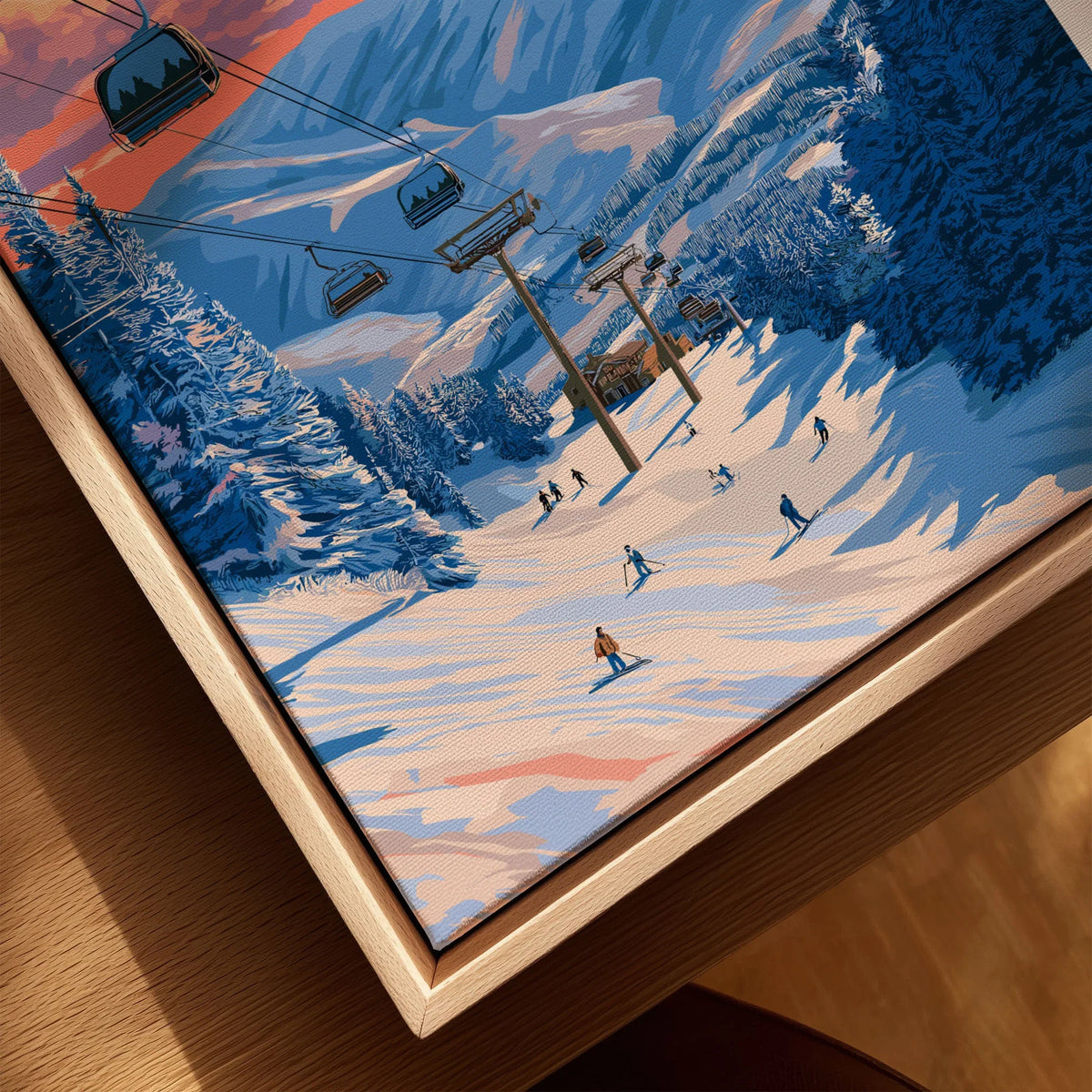 Beaver Creek Colorado Ski Lift Sunset Print - Mountain Gondola Wall Art canvas print close-up showing the natural wood float frame edge and canvas texture