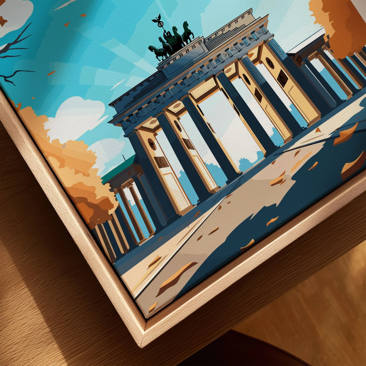 Berlin Poster Blue Sky canvas print close-up showing the natural wood float frame edge and canvas texture