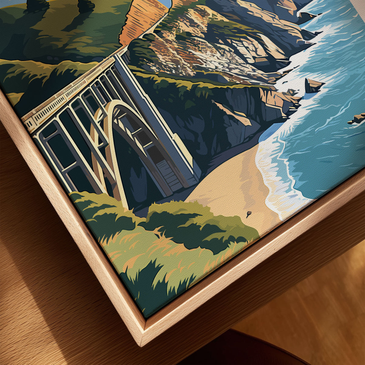 Big Sur Print canvas print close-up showing the natural wood float frame edge and canvas texture