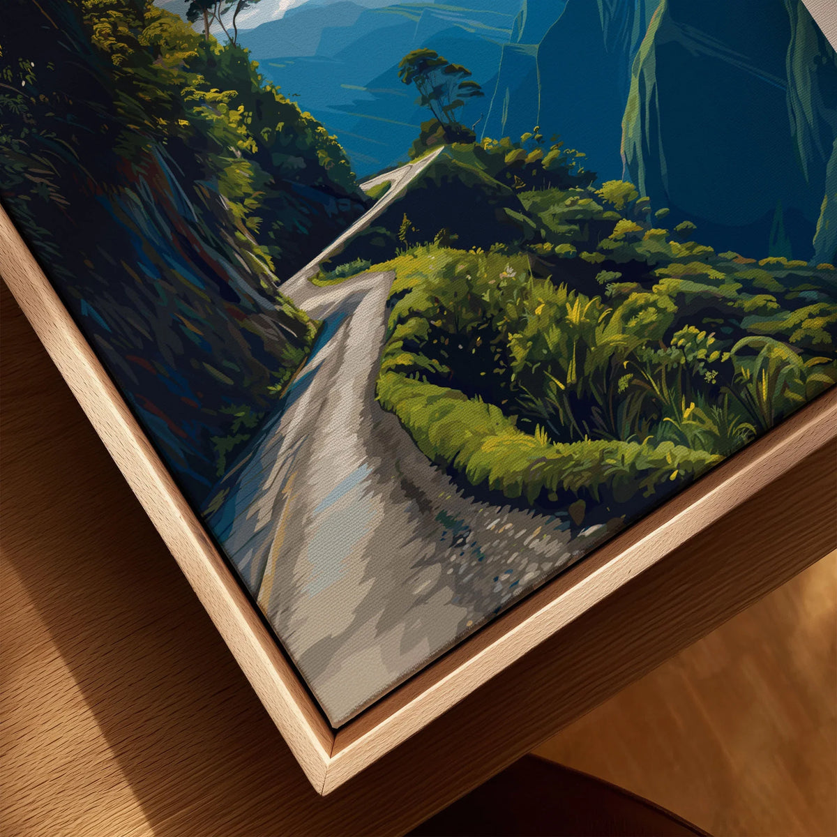 Camino de la Muerte Poster Bolivia Wall Art canvas print close-up showing the natural wood float frame edge and canvas texture