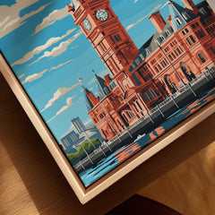 Cardiff Travel Poster canvas print close-up showing the natural wood float frame edge and canvas texture