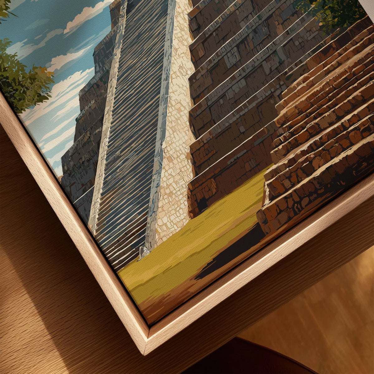 Chichén Itzá Mexico Travel Print El Castillo Pyramid Poster Mayan Ruins Wall Art canvas print close-up showing the natural wood float frame edge and canvas texture