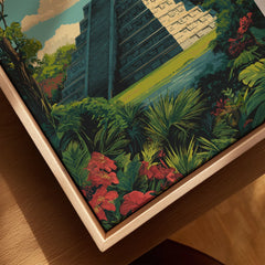 Chichén Itzá Mexico Travel Poster Pyramid Jungle Print Mayan Ruins Wall Art Decor canvas print close-up showing the natural wood float frame edge and canvas texture