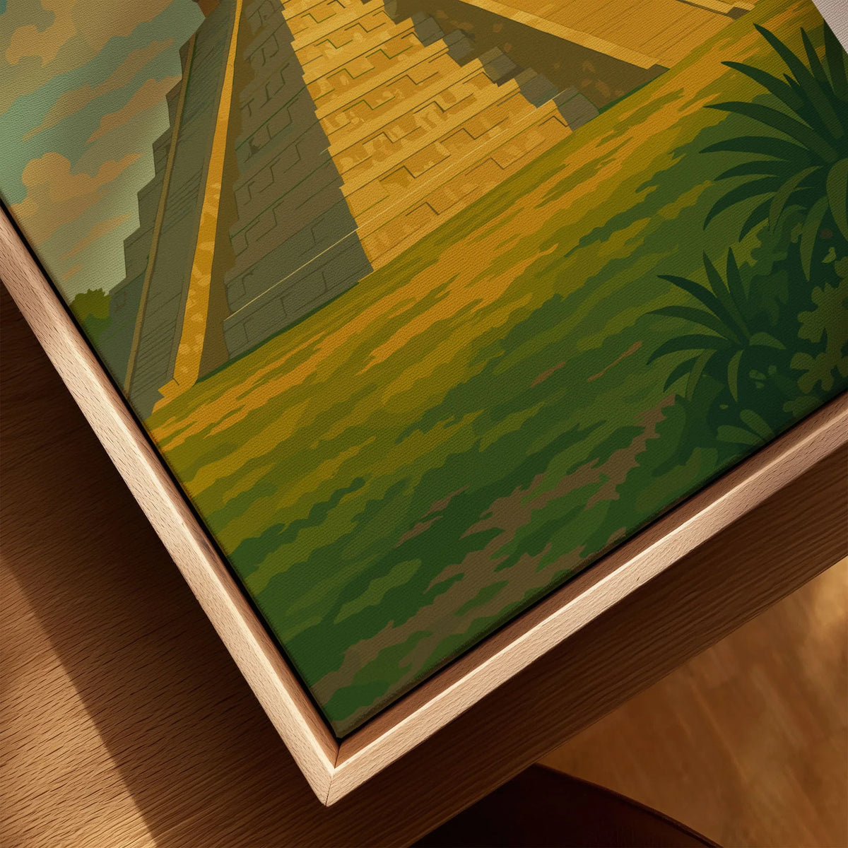 Chichén Itzá Mexico El Castillo Pyramid Travel Print Mayan Landscape Poster Wall Art canvas print close-up showing the natural wood float frame edge and canvas texture