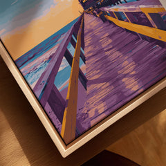 Cocoa Beach Boardwalk Print - Florida Sunset Wall Art canvas print close-up showing the natural wood float frame edge and canvas texture