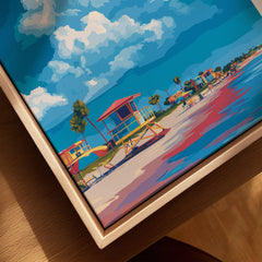 Cocoa Beach Lifeguard Stand Print - Florida Beach Wall Art canvas print close-up showing the natural wood float frame edge and canvas texture