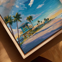 Cocoa Beach Lifeguard Tower Poster - Palm Tree Beach Wall Art canvas print close-up showing the natural wood float frame edge and canvas texture