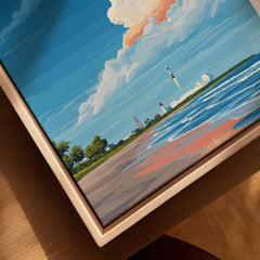 Cocoa Beach Florida Rocket Launch Print - Space Coast Wall Art canvas print close-up showing the natural wood float frame edge and canvas texture