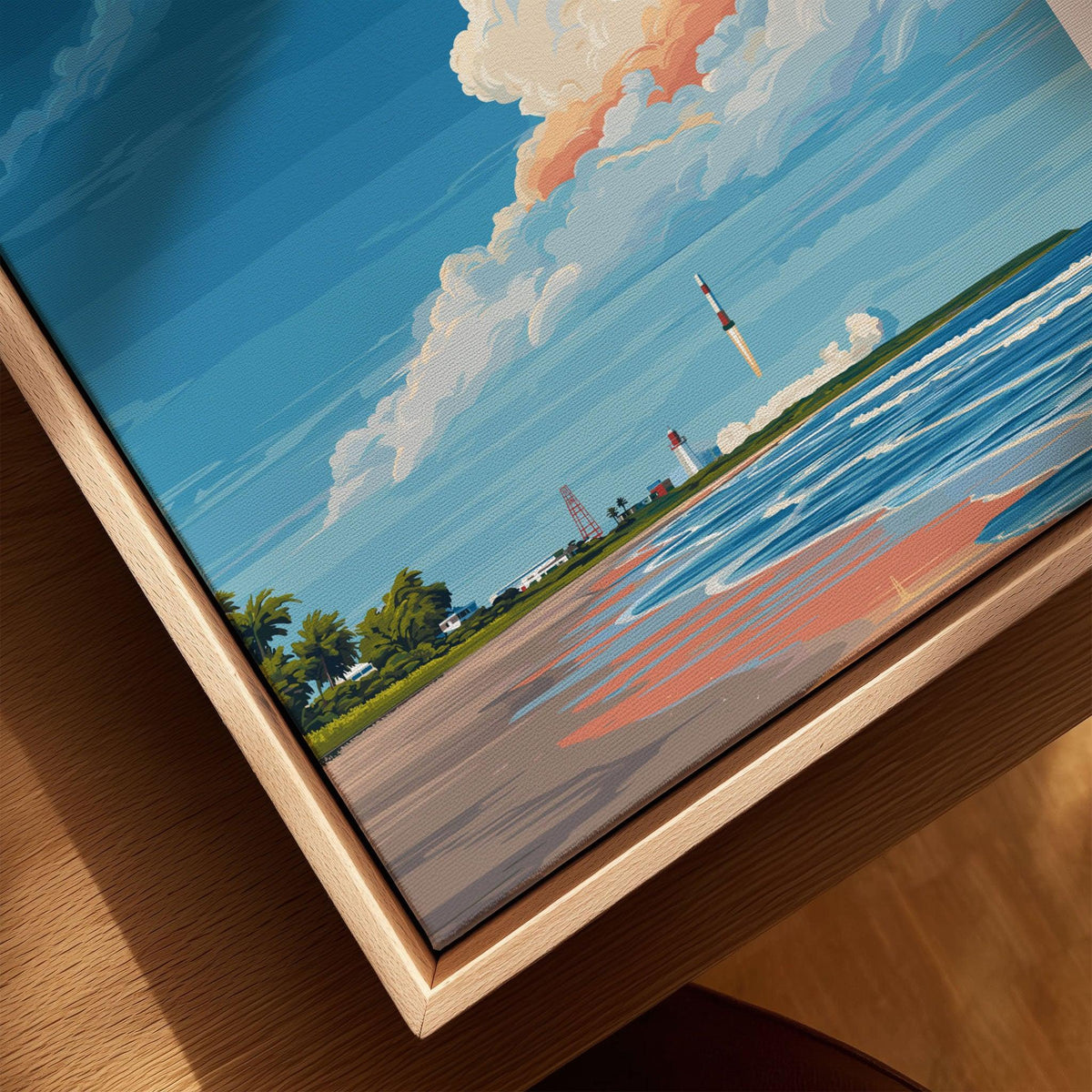 Cocoa Beach Florida Rocket Launch Print - Space Coast Wall Art canvas print close-up showing the natural wood float frame edge and canvas texture