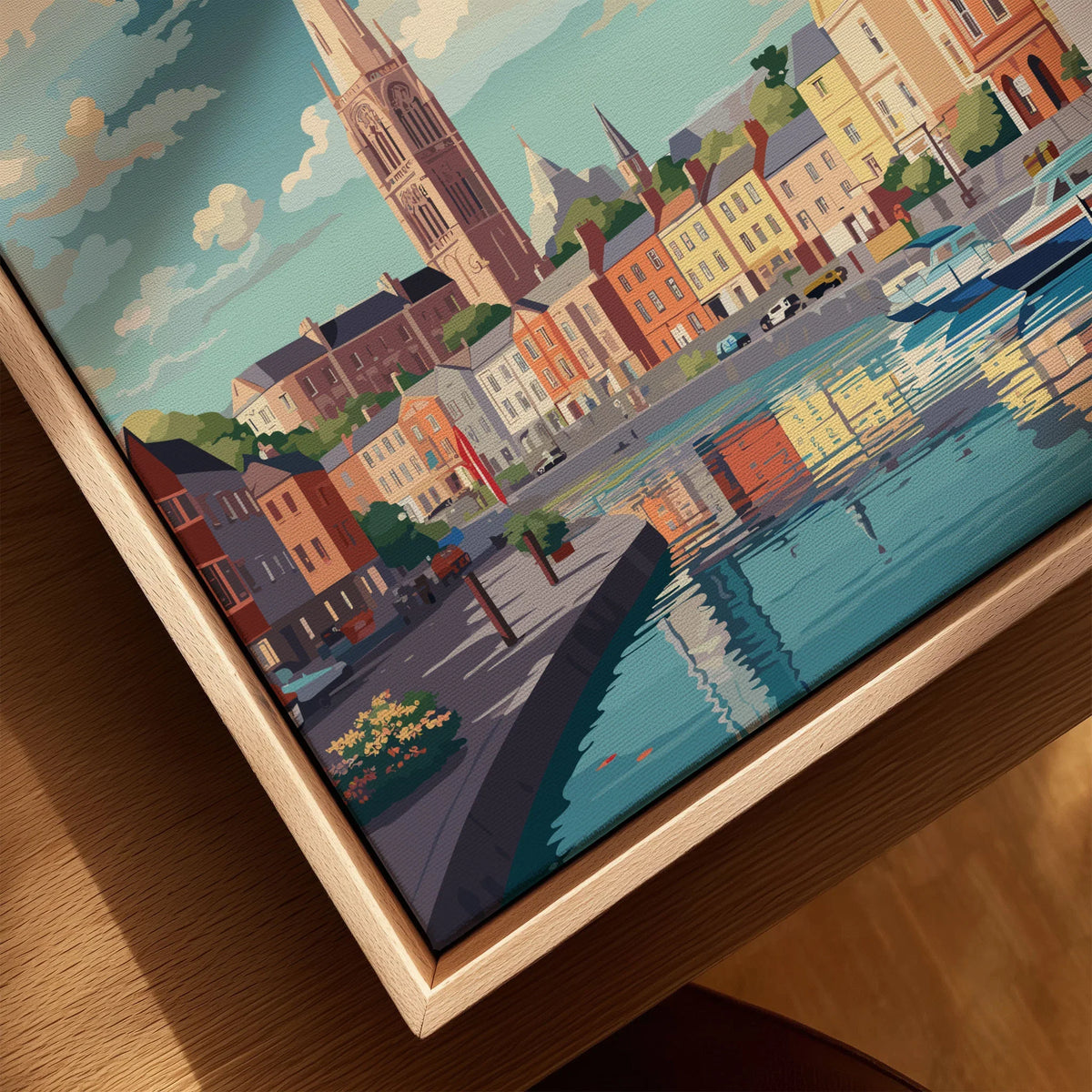 Cork City Ireland Print canvas print close-up showing the natural wood float frame edge and canvas texture