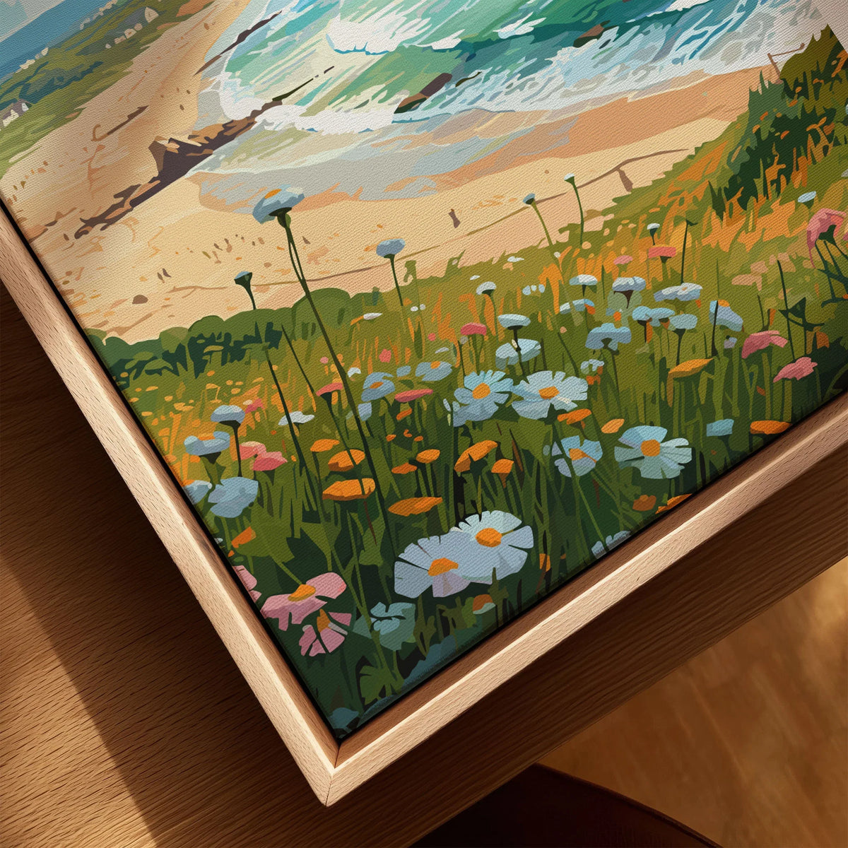 Cornwall Art Print canvas print close-up showing the natural wood float frame edge and canvas texture
