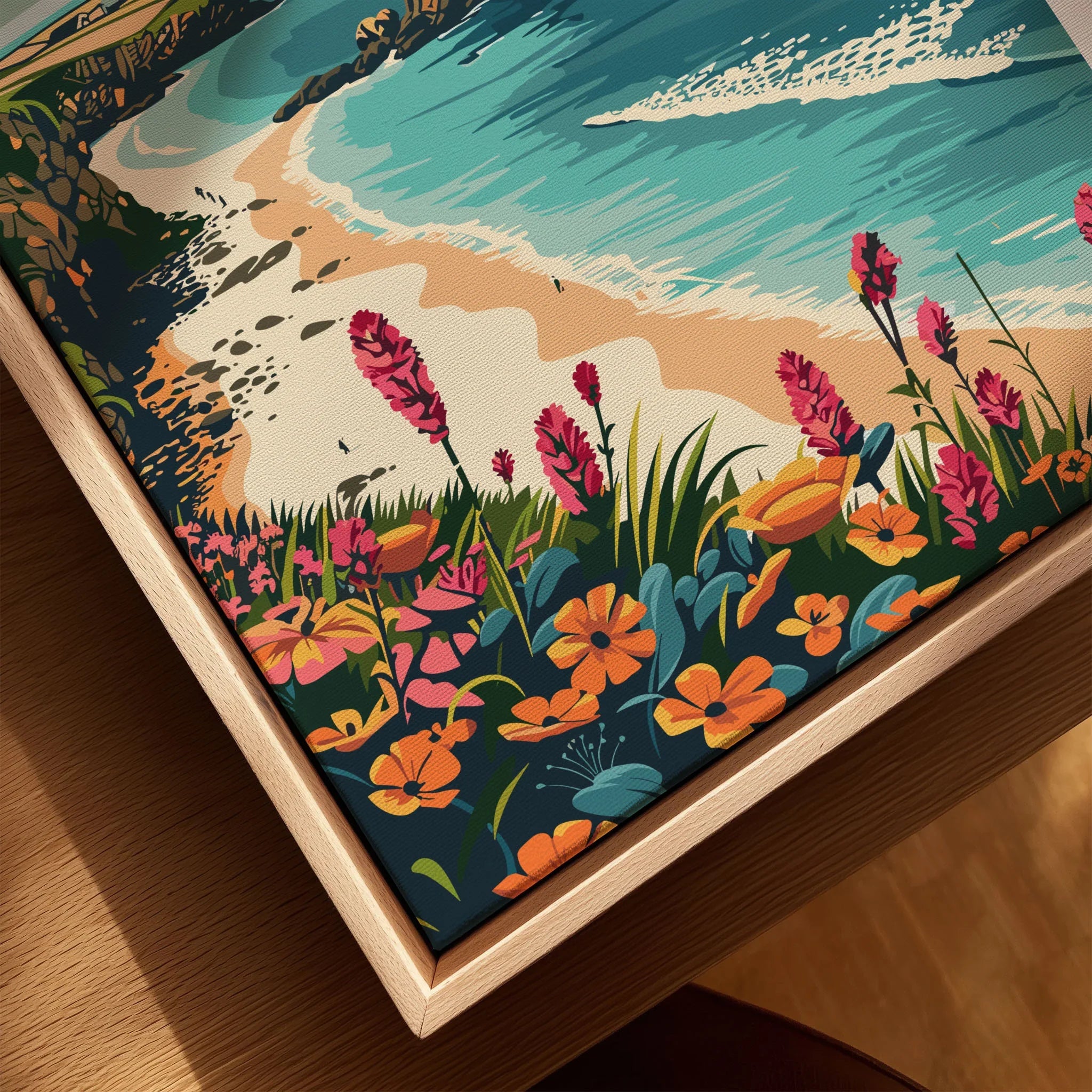 Cornwall Wall Art Print - United Kingdom Travel Poster canvas print close-up showing the natural wood float frame edge and canvas texture
