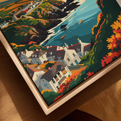Cornwall Travel Print canvas print close-up showing the natural wood float frame edge and canvas texture
