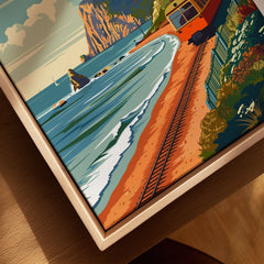 Cornwall Coast Travel Print canvas print close-up showing the natural wood float frame edge and canvas texture