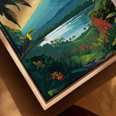Costa Rica Print canvas print close-up showing the natural wood float frame edge and canvas texture