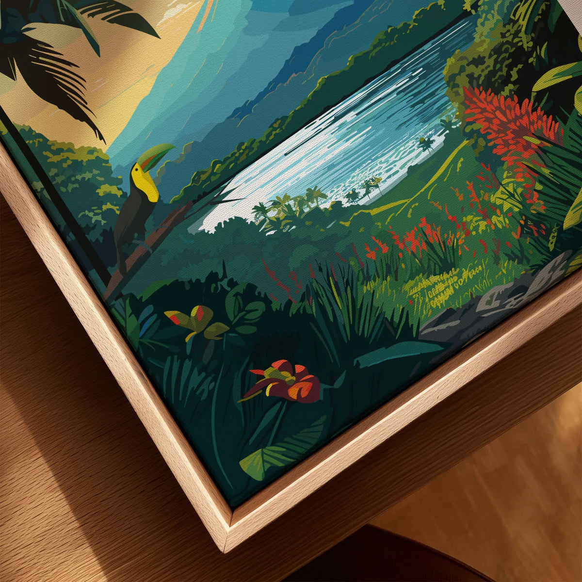 Costa Rica Print canvas print close-up showing the natural wood float frame edge and canvas texture