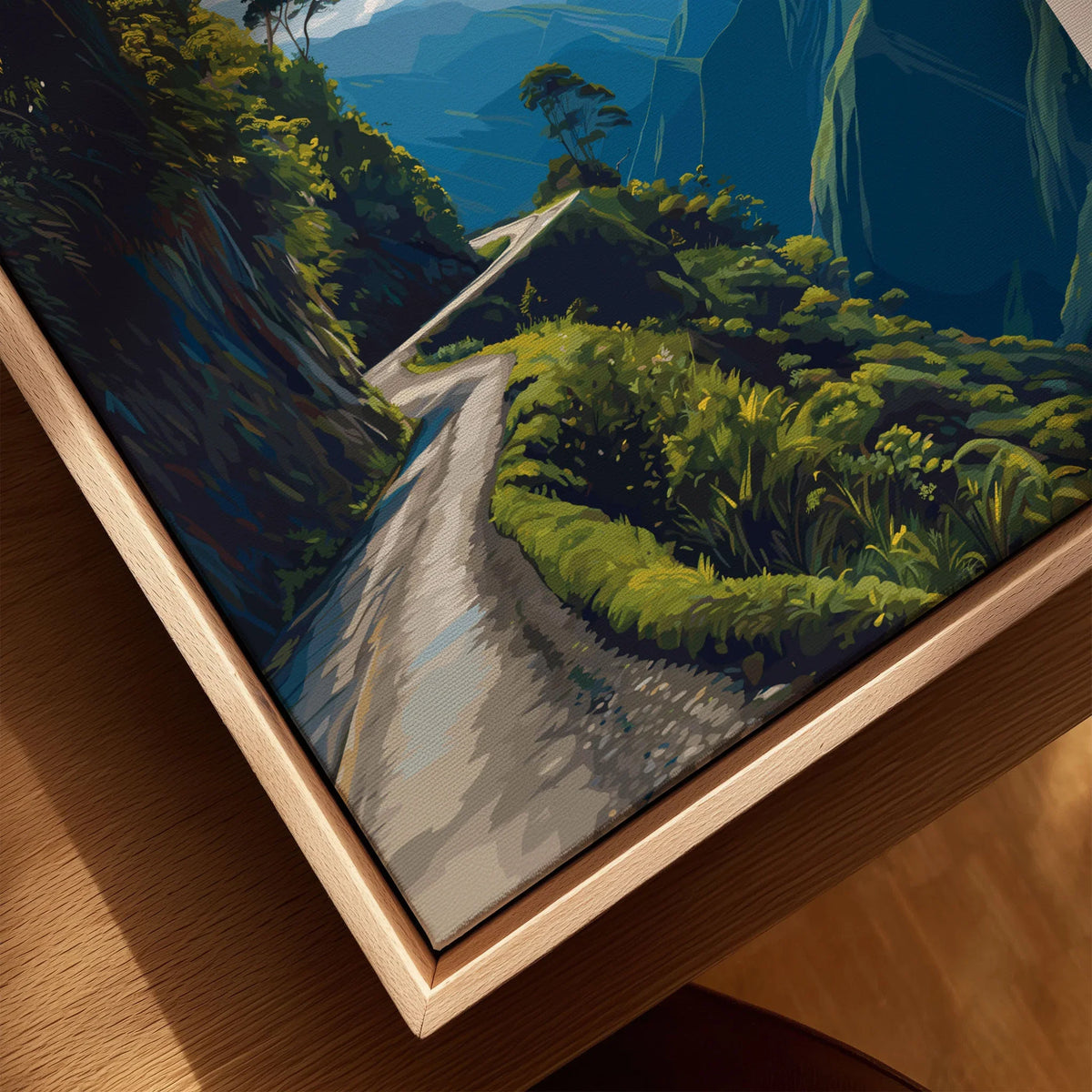 Death Road Print | South America Adventure Decor | Yungas Road Poster canvas print close-up showing the natural wood float frame edge and canvas texture