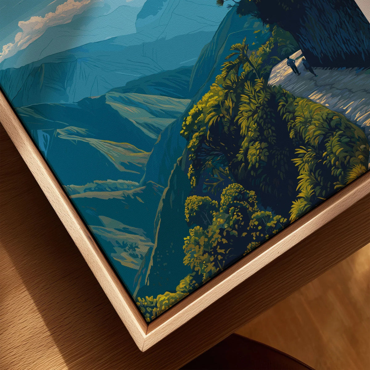 Death Road Yungas Adventure Scenic Print | Bolivian Travel Wall Decor canvas print close-up showing the natural wood float frame edge and canvas texture