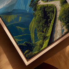 Death Road Andes Print | Yungas Road Poster canvas print close-up showing the natural wood float frame edge and canvas texture