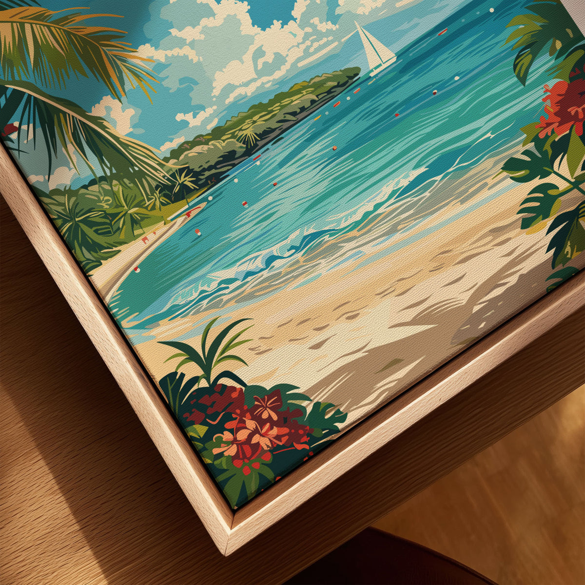 Dominican Republic Travel Print canvas print close-up showing the natural wood float frame edge and canvas texture