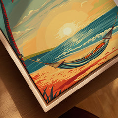Dominican Republic Travel Poster canvas print close-up showing the natural wood float frame edge and canvas texture