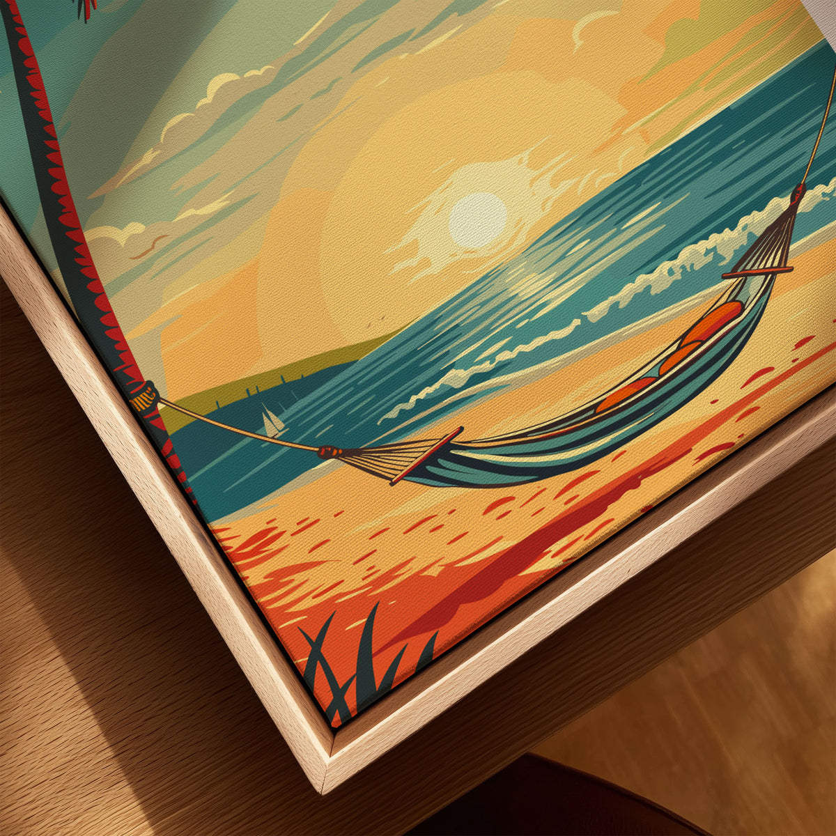 Dominican Republic Travel Poster canvas print close-up showing the natural wood float frame edge and canvas texture